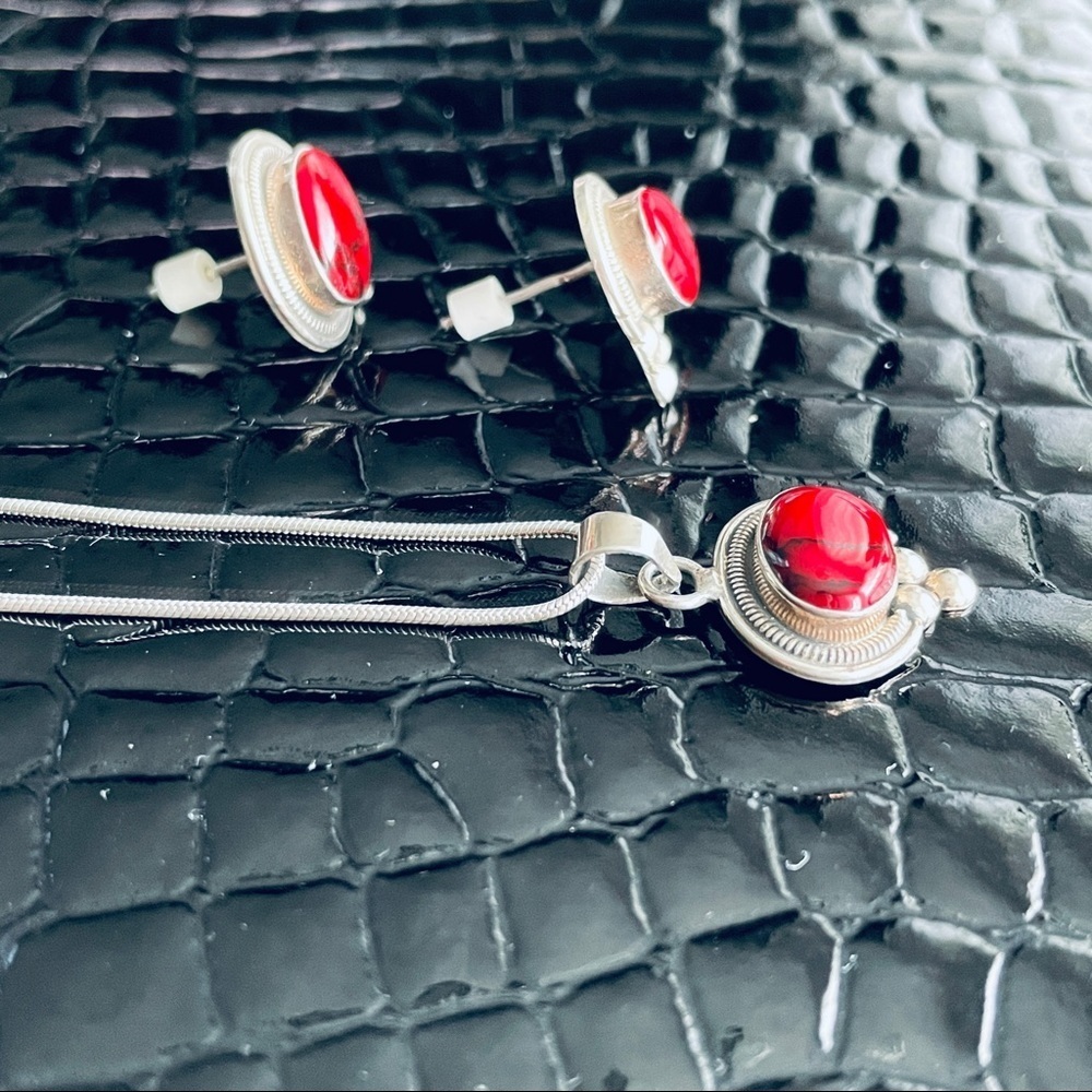Vintage ATI Mexico Red Jasper Sterling Silver Pendant Necklace Earrings … - Picture 7 of 9